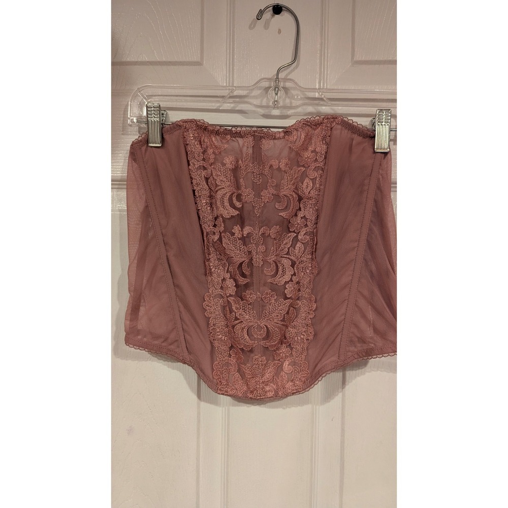 Victoria's Secret Corset Bustier Mauve Lace Sheer Mesh Boned Zipper XL - Picture 2 of 7